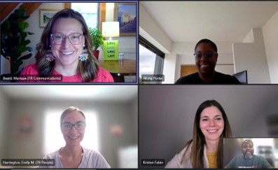 5 individuals on an MS teams call all smiling looking into the camera 